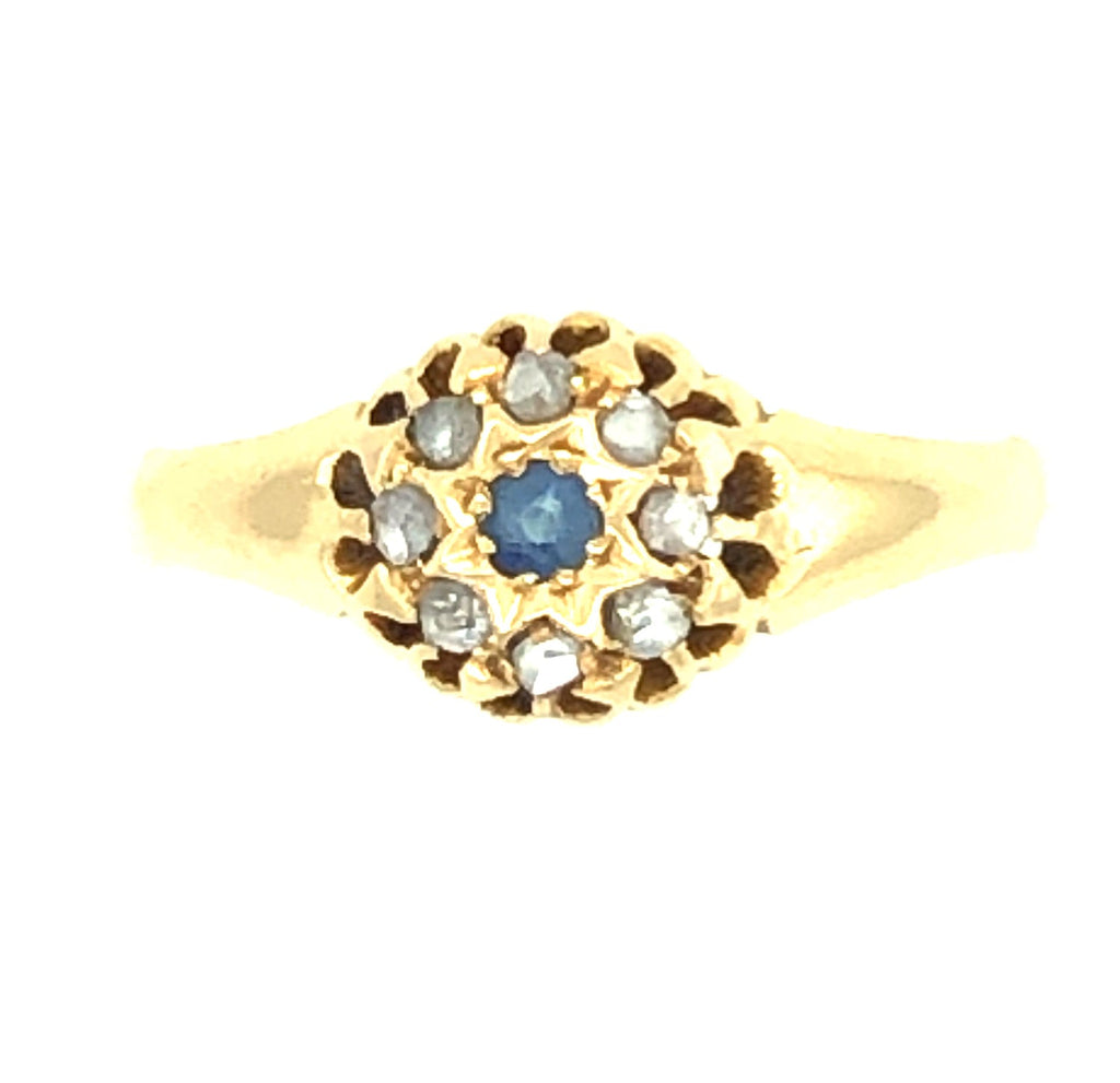 Late Victorian 18k Gold Sapphire and Rose-cut Diamond Cluster Ring The Vintage Jewellery Company