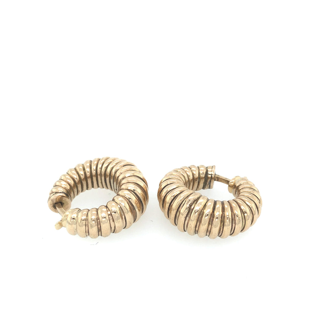 Mid-century Heavy 9k Gold Ribbed Hoop Earrings The Vintage Jewellery Company