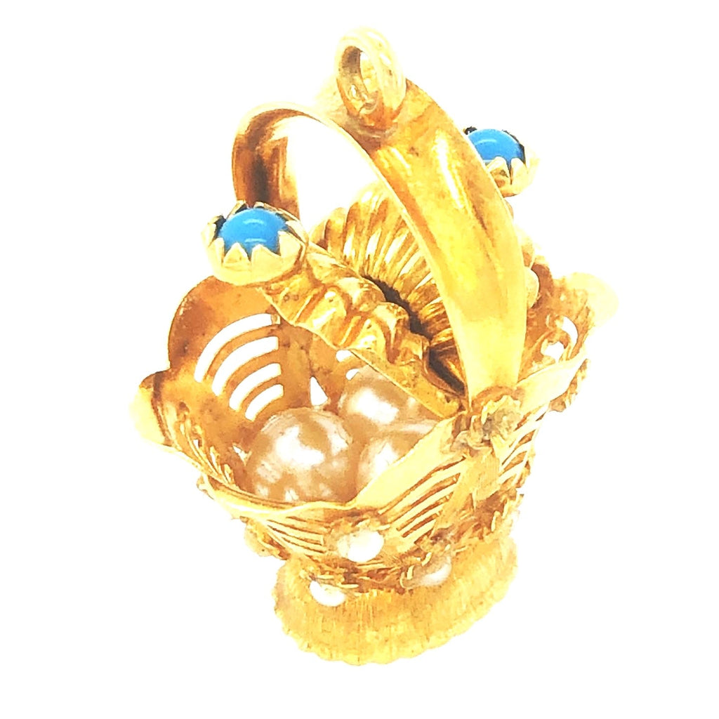 Mid-century Pendant Shaped as Basket with Pearls & Turquoise The Vintage Jewellery Company