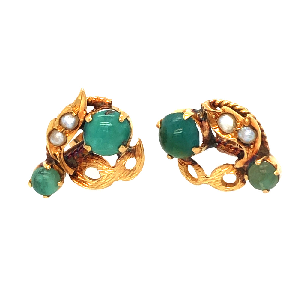 Mid-century Jade, Gold and Pearl Earrings