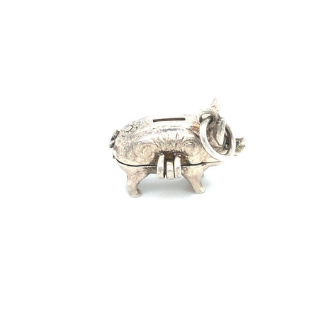 Silver Piggy Bank Opening Vintage Charm Pendant side view