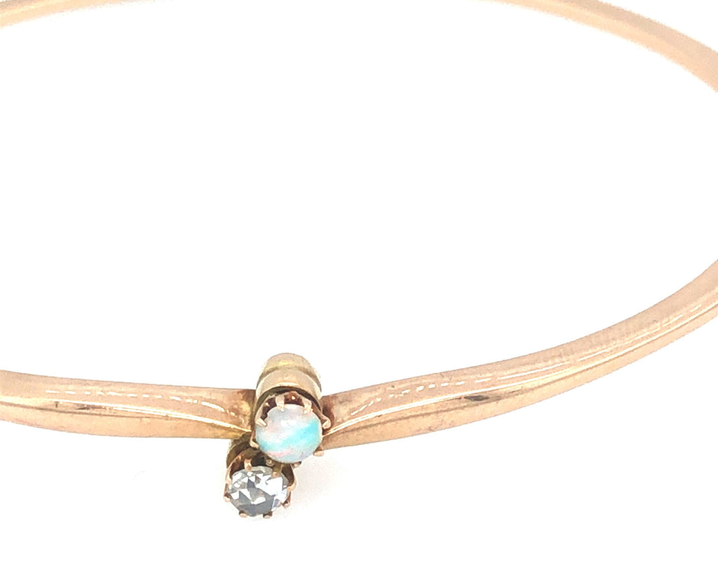 Victorian 15k Gold Antique Bangle with a Fiery Opal and Diamond The Vintage Jewellery Company