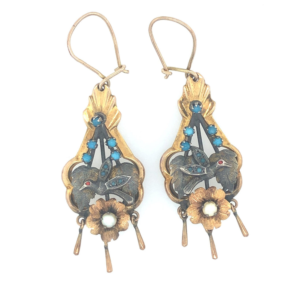 Victorian Silver, 14k  Gold, Pearl & Turquoise Drop Earrings with Bird Motif The Vintage Jewellery Company