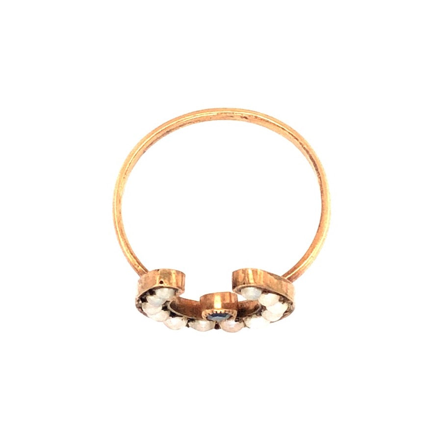 Victorian 15ct Gold, Sapphire and Seed Pearl Horseshoe Ring