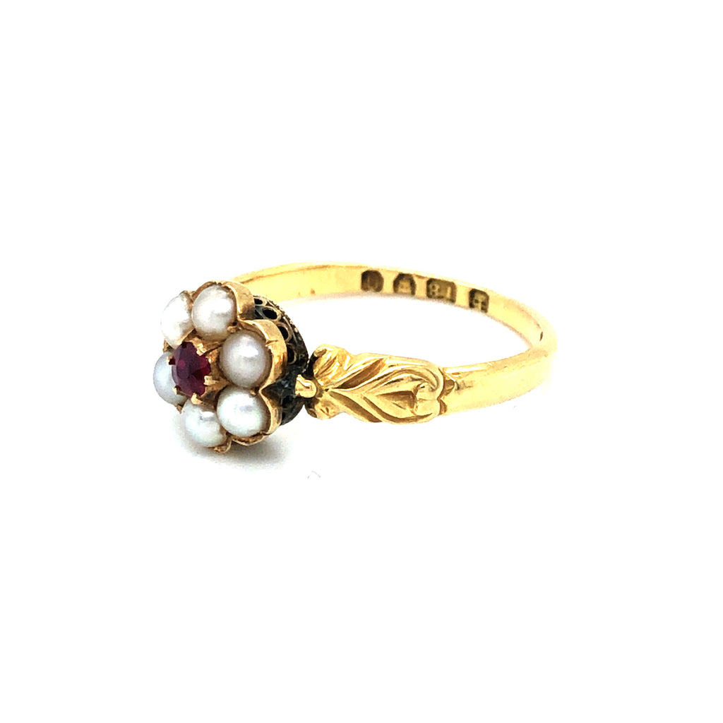 Victorian 18ct Gold, Ruby & Seed Pearl Cluster Ring