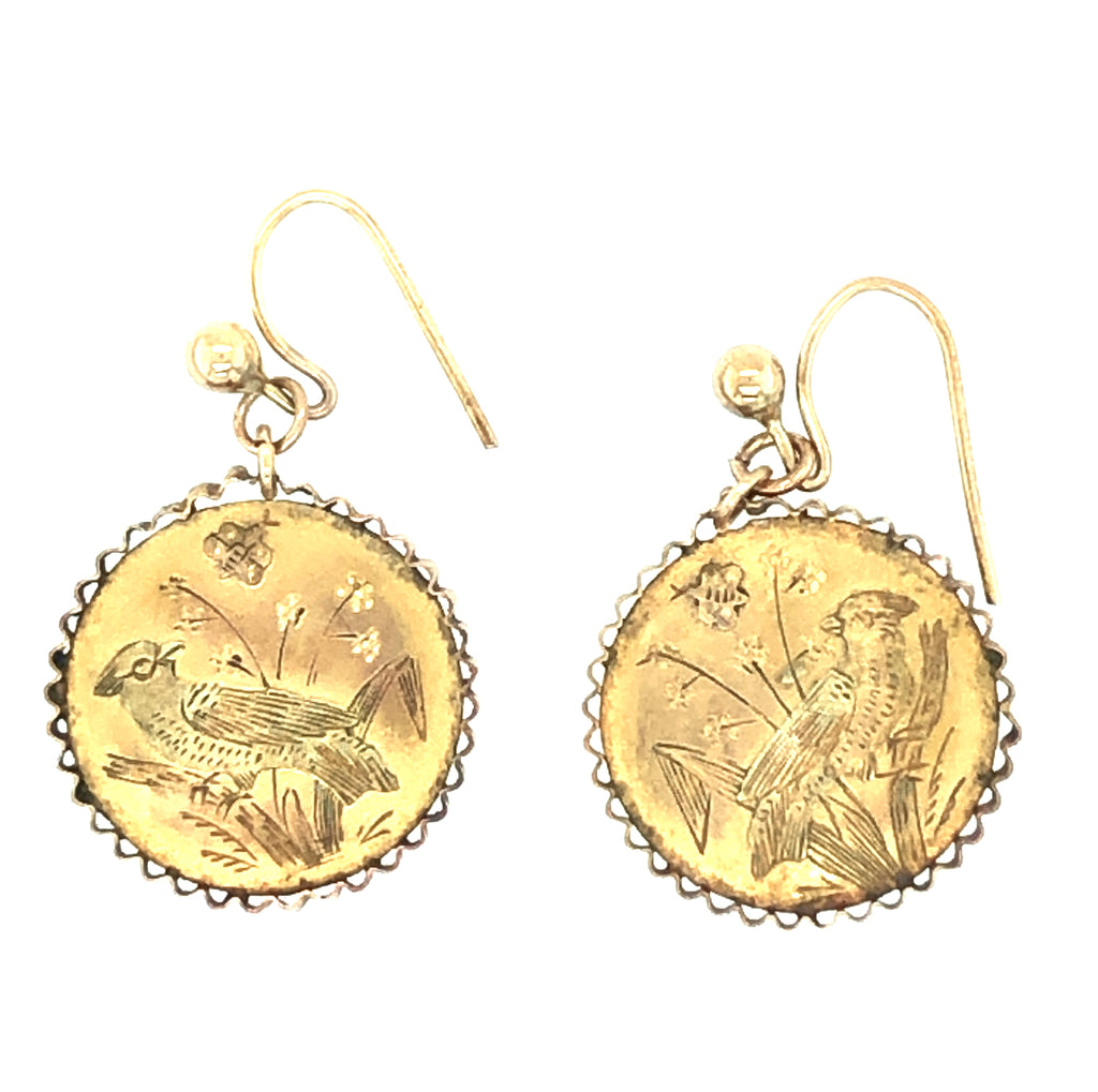 Victorian Gold Engraved Bird Earrings