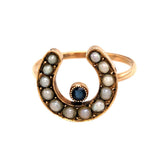 Victorian 15ct Gold, Sapphire and Seed Pearl Horseshoe Ring