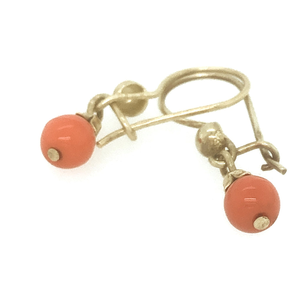 Vintage 14k Gold & Coral Bead Drop Earrings The Vintage Jewellery Company