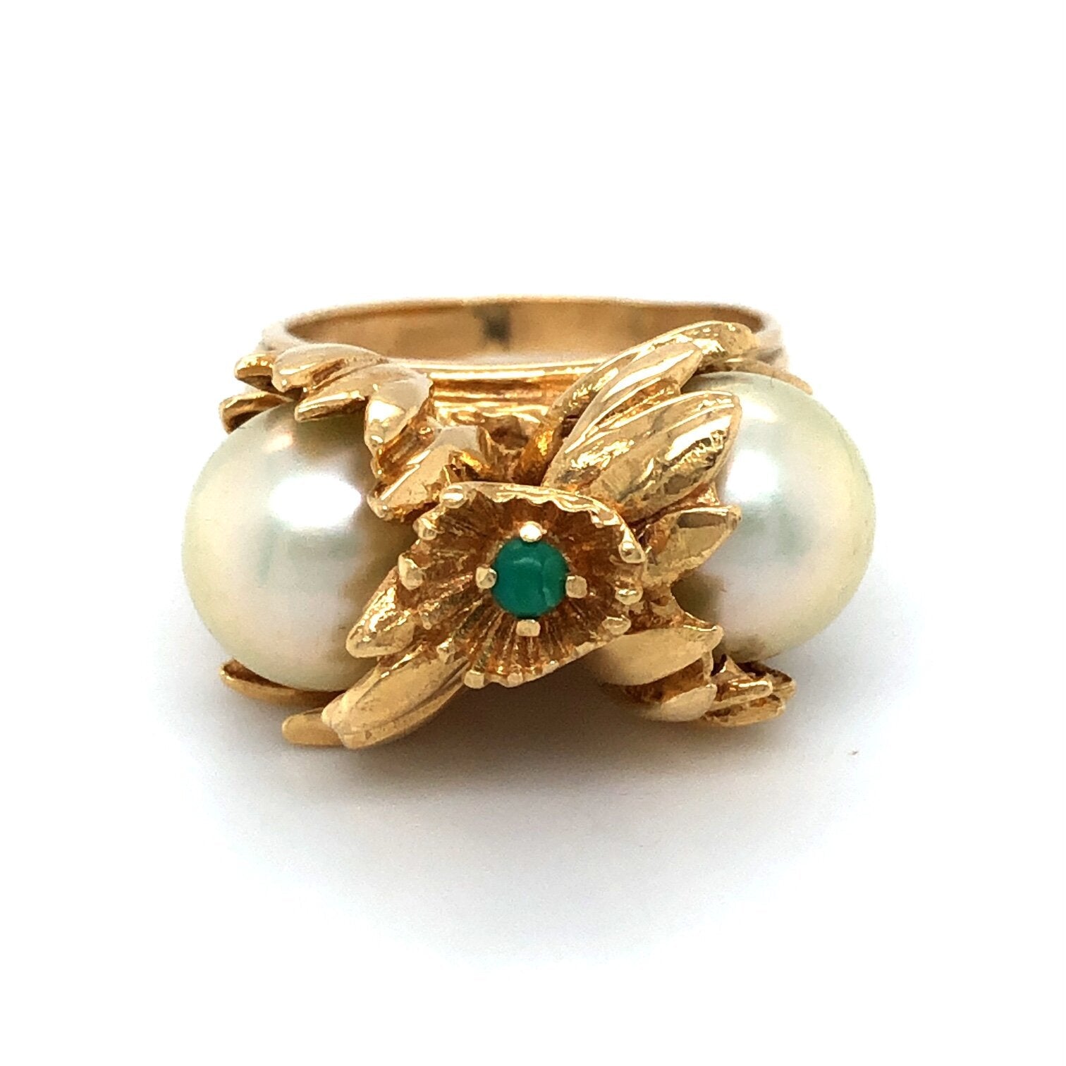 Akoya Pearl Emerald Flower Design Vintage Gold Ring The Vintage Jewellery Company