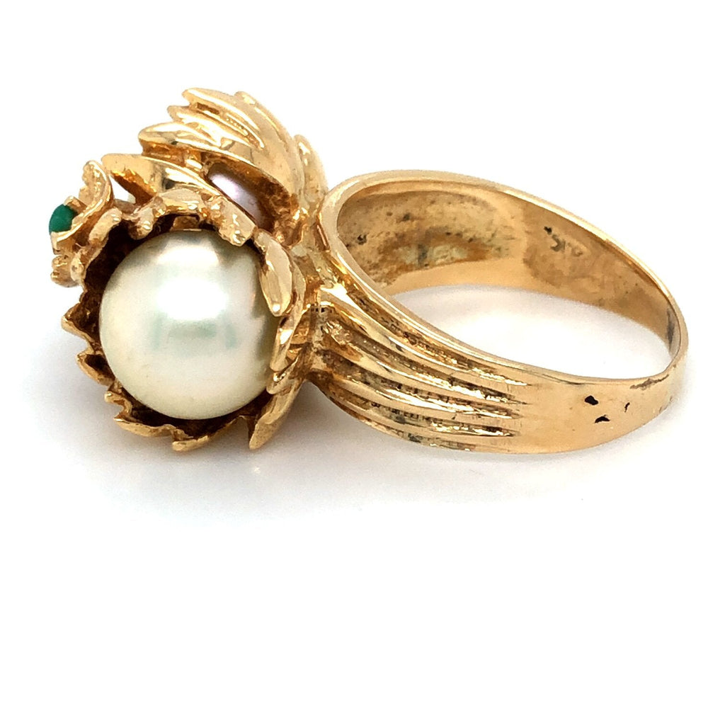 Vintage Akoya Pearl & Emerald Flower Design Ring The Vintage Jewellery Company