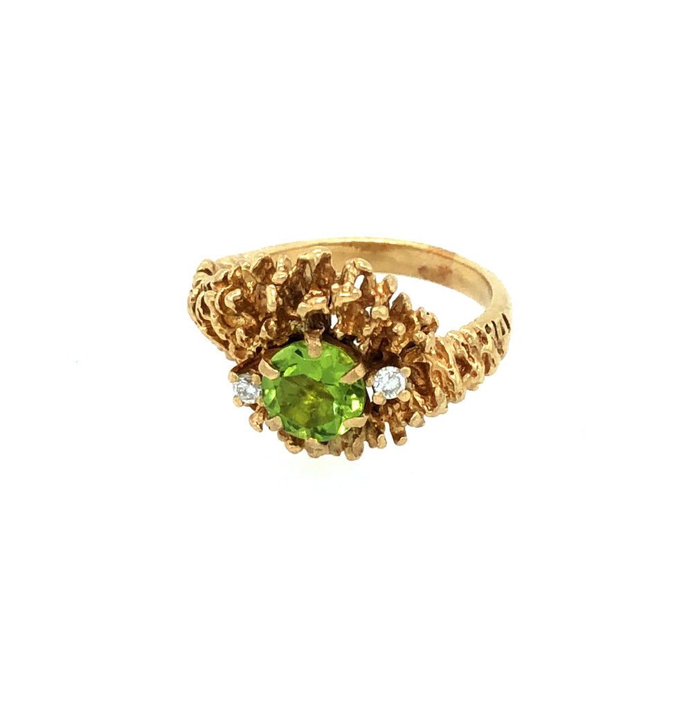 Vintage Peridot & Diamond Dress Ring In Naturalistic Gold Setting The Vintage Jewellery Company