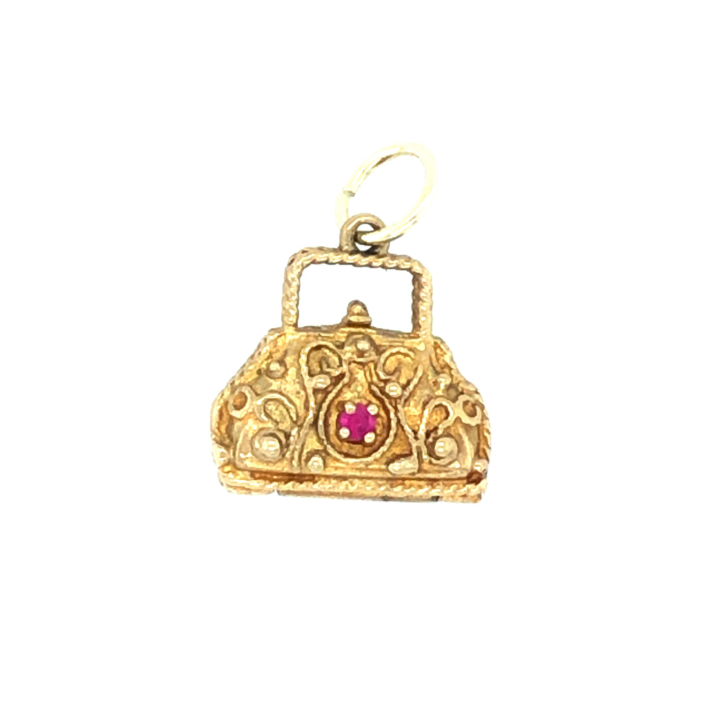 Vintage 9ct Gold Handbag Charm Pendant with Gem Highlights