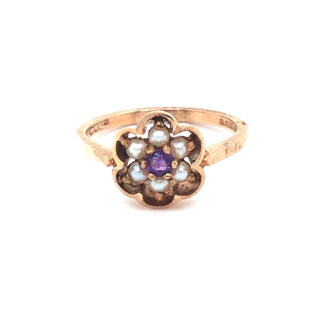 Vintage Ring in 9ct Gold with Pearl and Amethyst Cluster for sale
