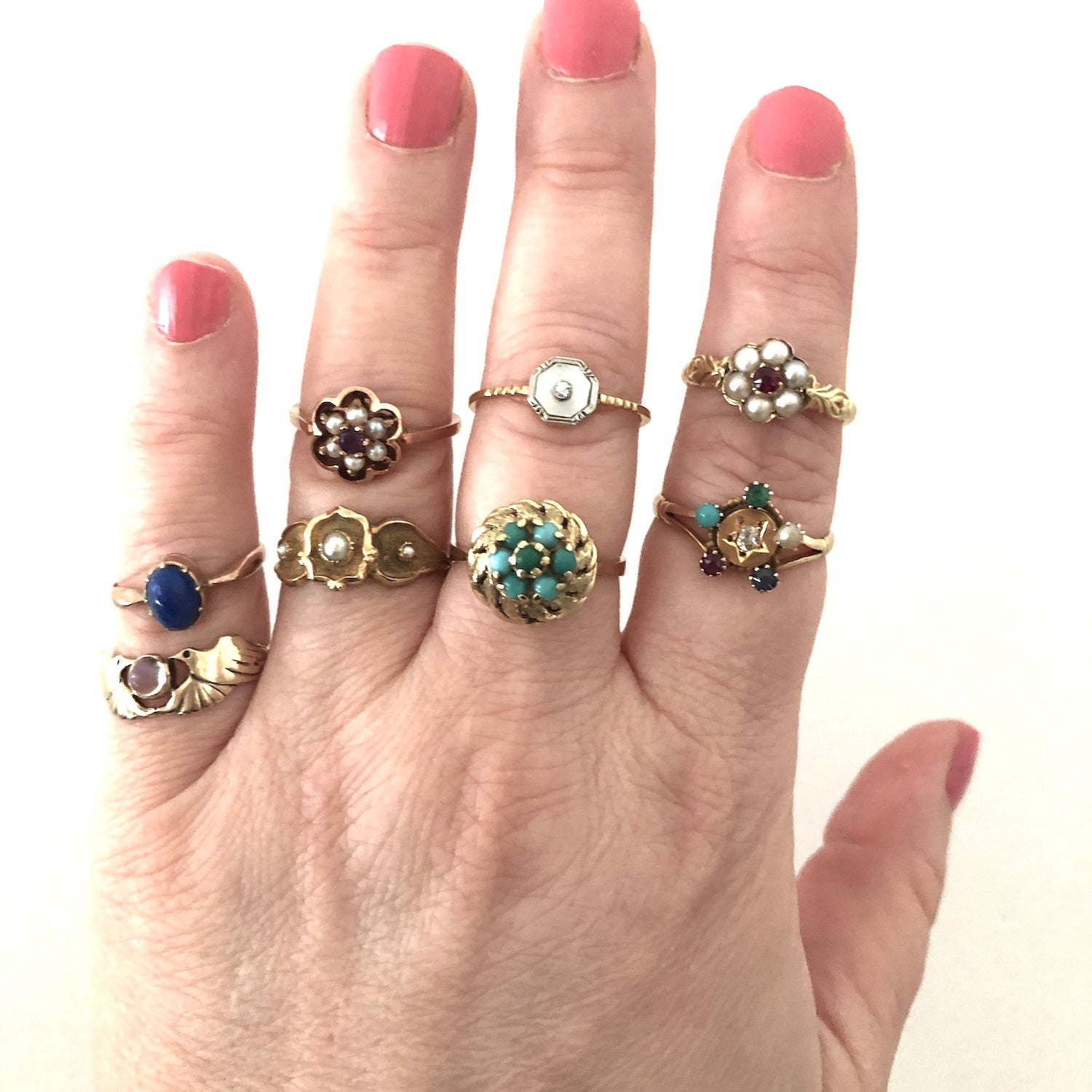 Antique 18ct Gold Ring with Diamond Emerald Pearl Sapphire Ruby The Vintage Jewellery Company