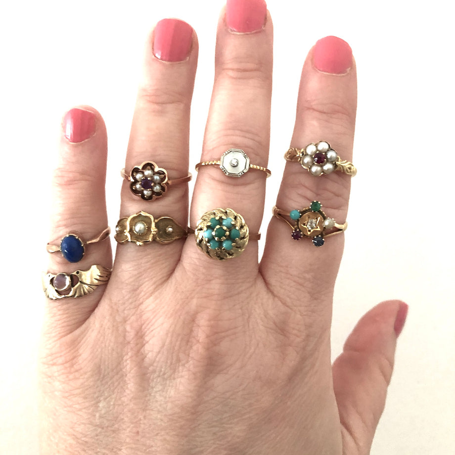 Antique 18ct Gold Ring with Diamond Emerald Pearl Sapphire