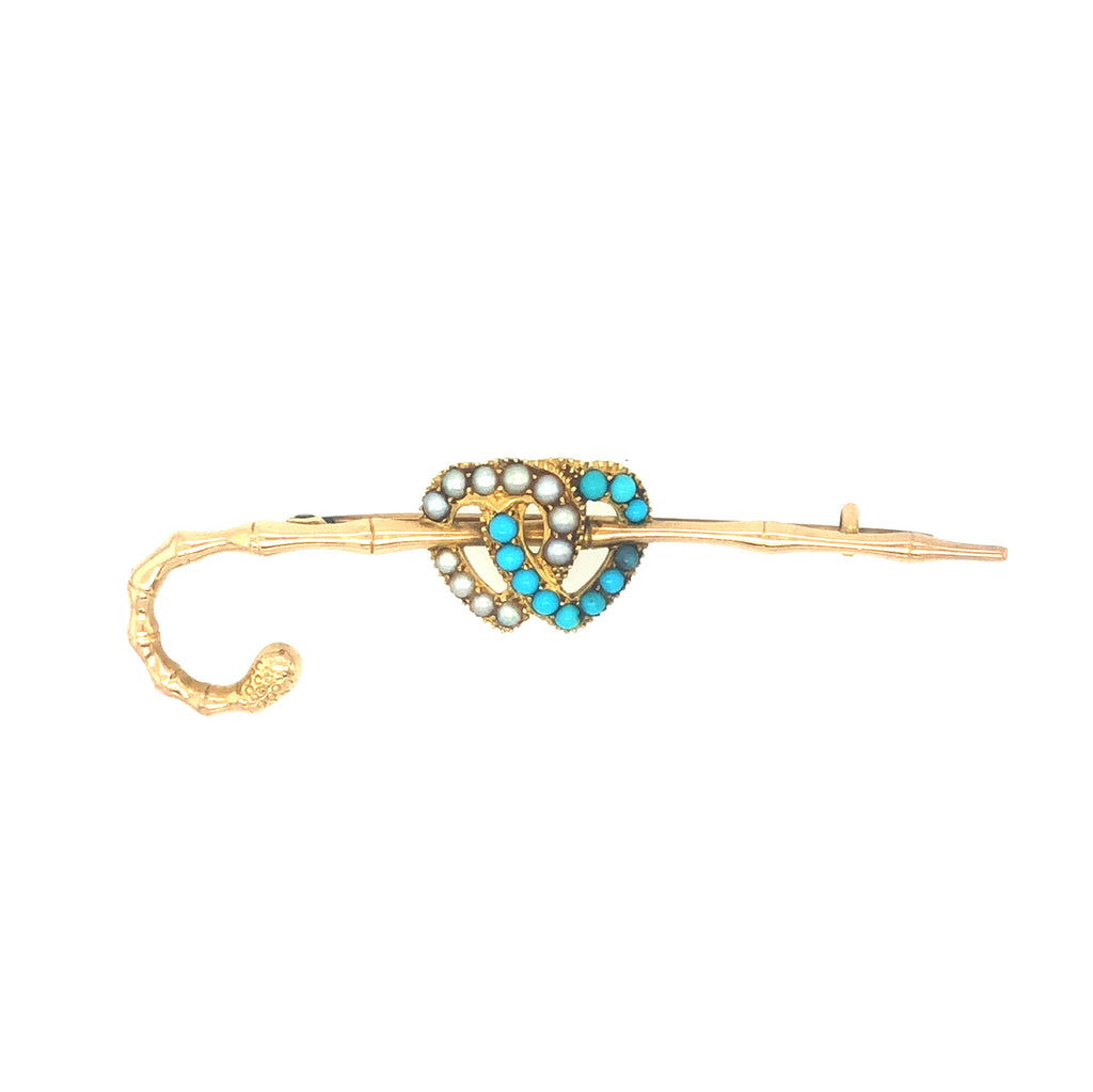 Late Victorian Gold, Pearl & Turquoise Double Heart Brooch