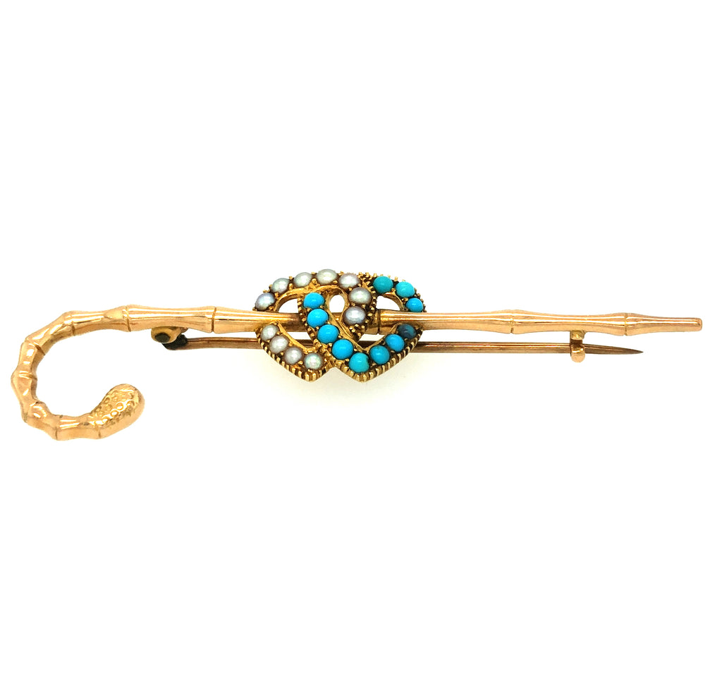 Late Victorian Gold, Pearl & Turquoise Double Heart Brooch